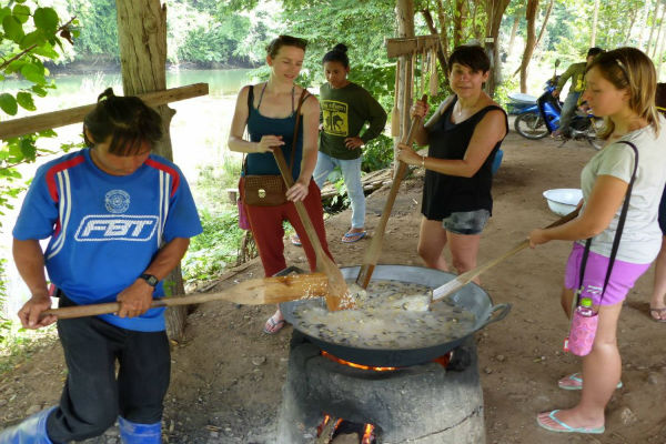 Making sticky rice to feed the elephants